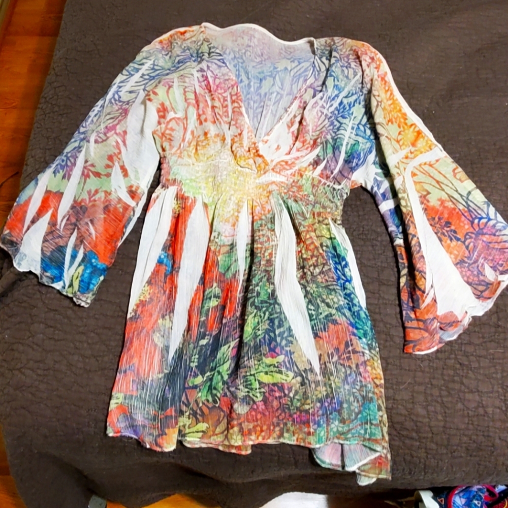 Women's Small/Medium Kimon/Dolman Sleeve Sheer V-Neck Blouse * Stretch